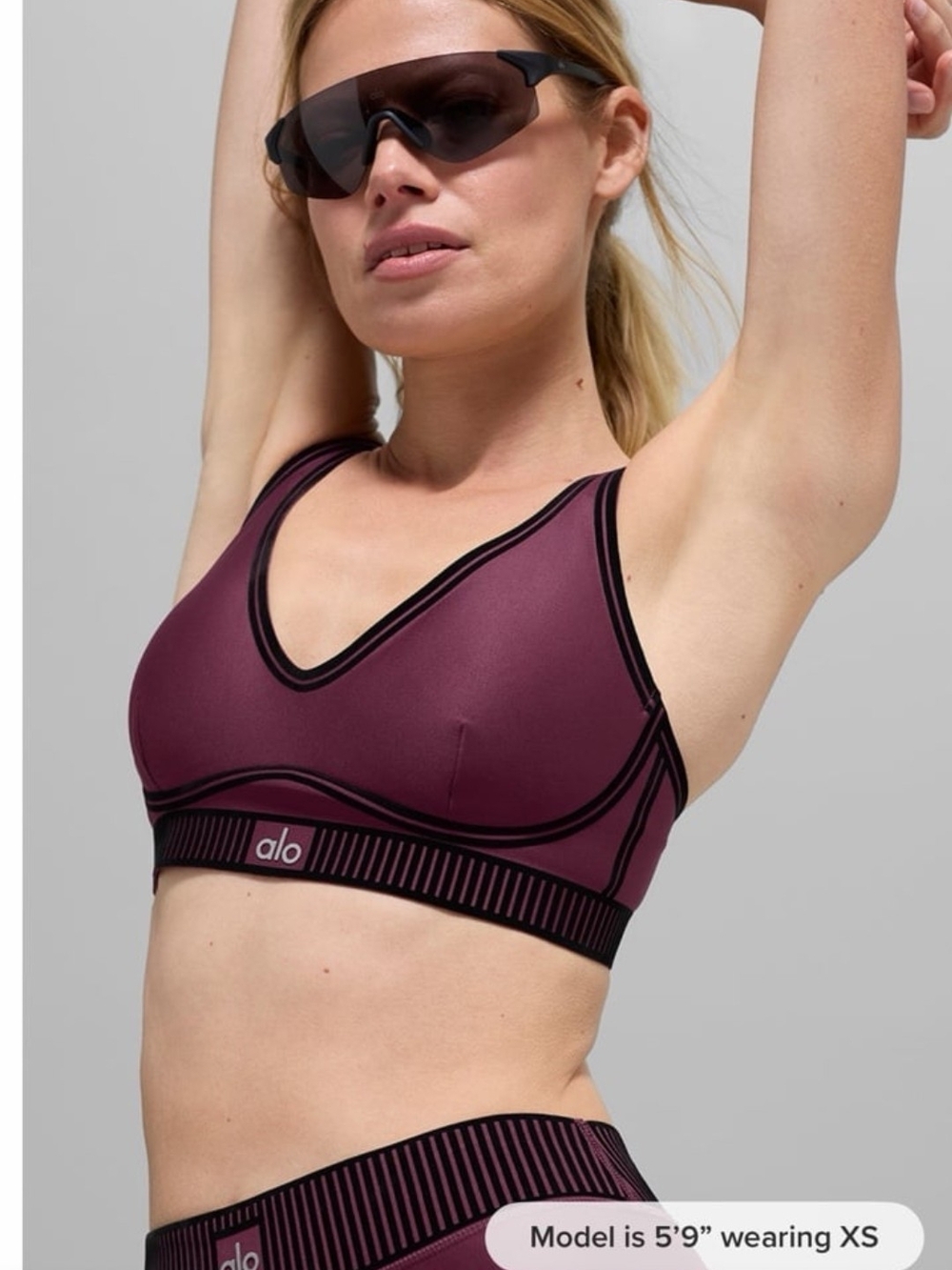 ALO Yoga Deep Plum V-Neck Sports Bra with Black Trim